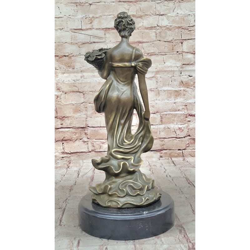 Young Woman Holding Basket Of Flowers - Art Deco Nouveau Bronze Sculpture By Milo