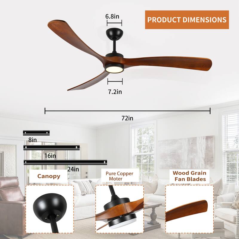 72 Inch Large Wood Ceiling Fan with Light, 3 Solid Wood Blades Ceiling Fan with Remote Control, Noiseless Reversible DC Motor