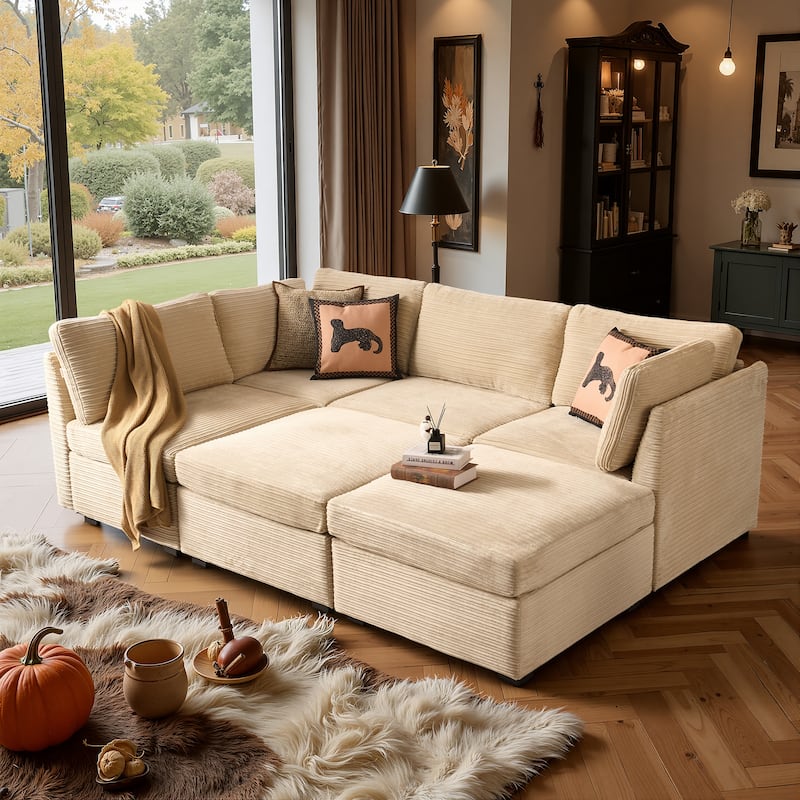 XIZZI Modular Sectional Sofa Chaise Couch with Ottoman - Beige - Corduroy