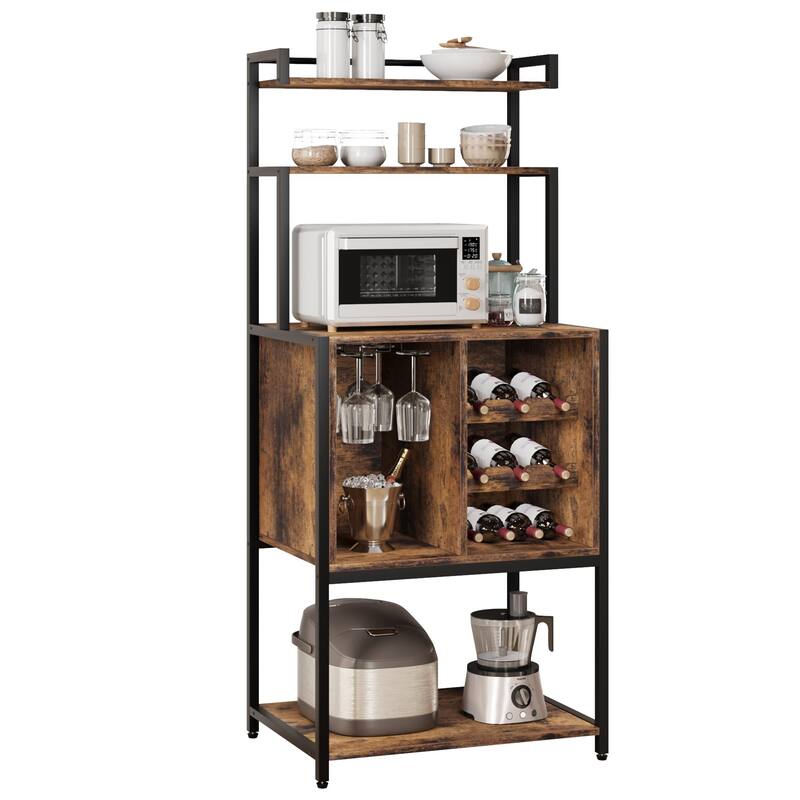 Bakers Rack for Kitchen, Kitchen Microwave Stand with Wine Rack and Glass Holder - Rustic Brown