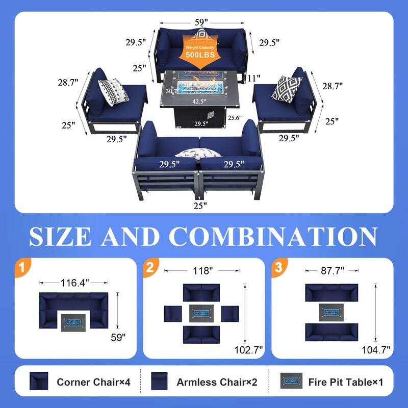 FINCATI 7 Pcs Patio Furniture Set Outdoor Sectional Sofa Set with Firepit Table - 7 Pieces