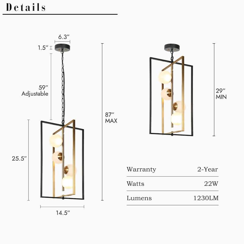 Icey Modern Black Gold LED Chandelier 4-Light Geometric Pendant Lights for Dining Room - 14.5" L x 13" W x 25.5" H