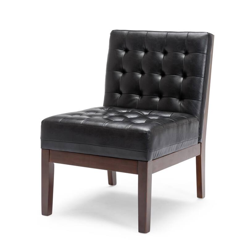 Keyur Accent Chair, Rubberwood Legs, Black Waffle-Stitch Faux Leather