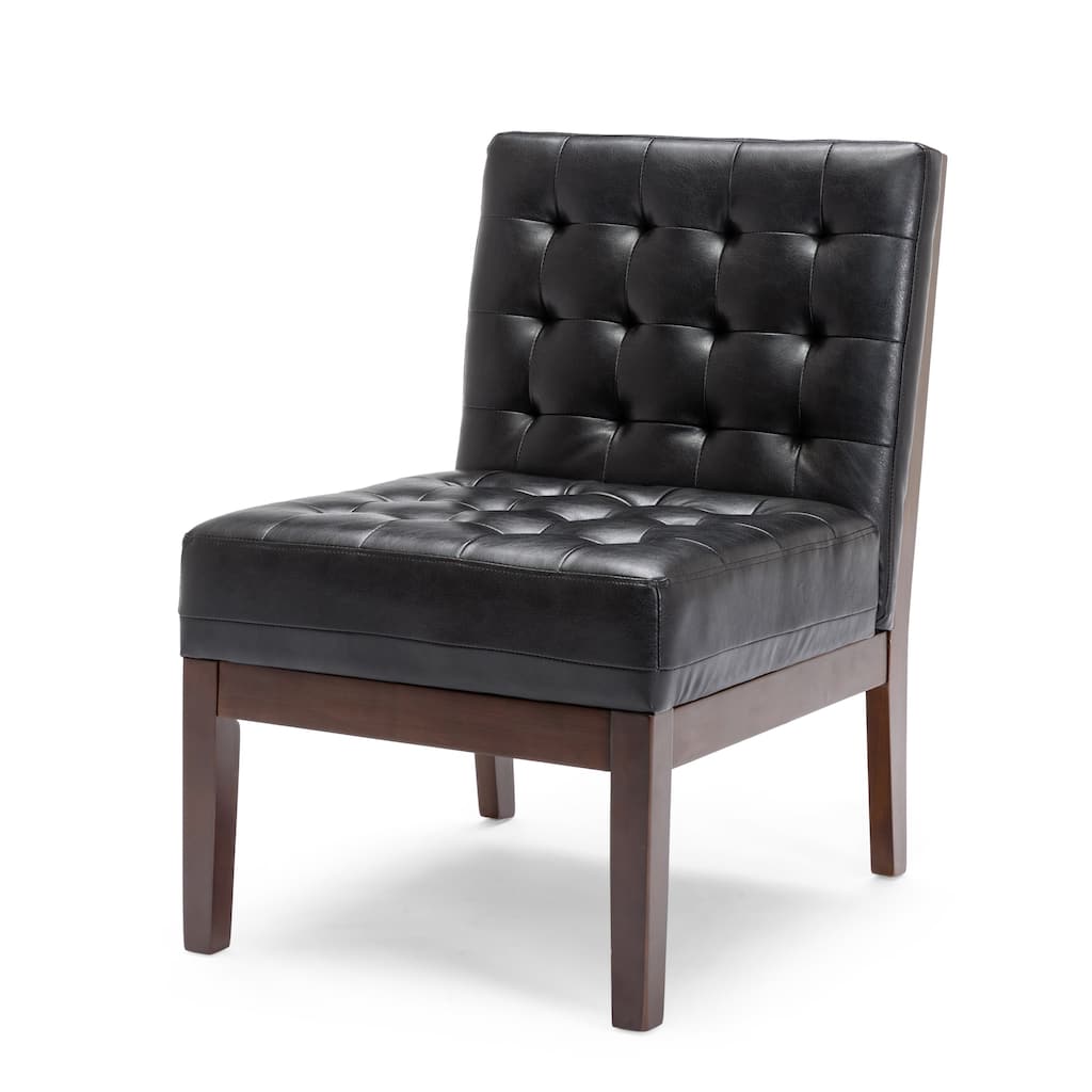 Keyur Accent Chair, Rubberwood Legs, Black Waffle-Stitch Faux Leather