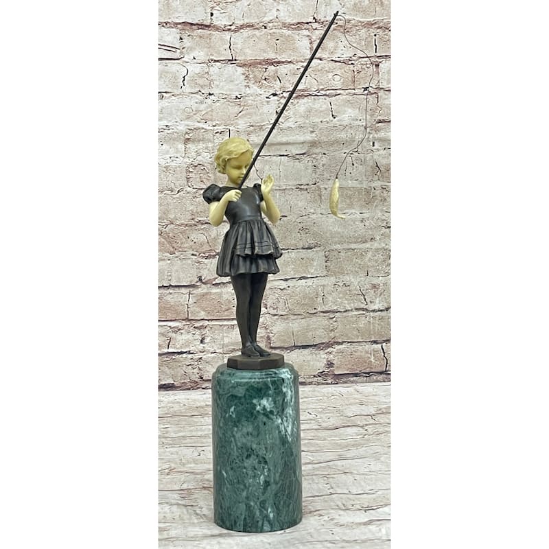 Young Girl Child Fishing Bronze Metal Statue Sculpture Figure On Marble Base