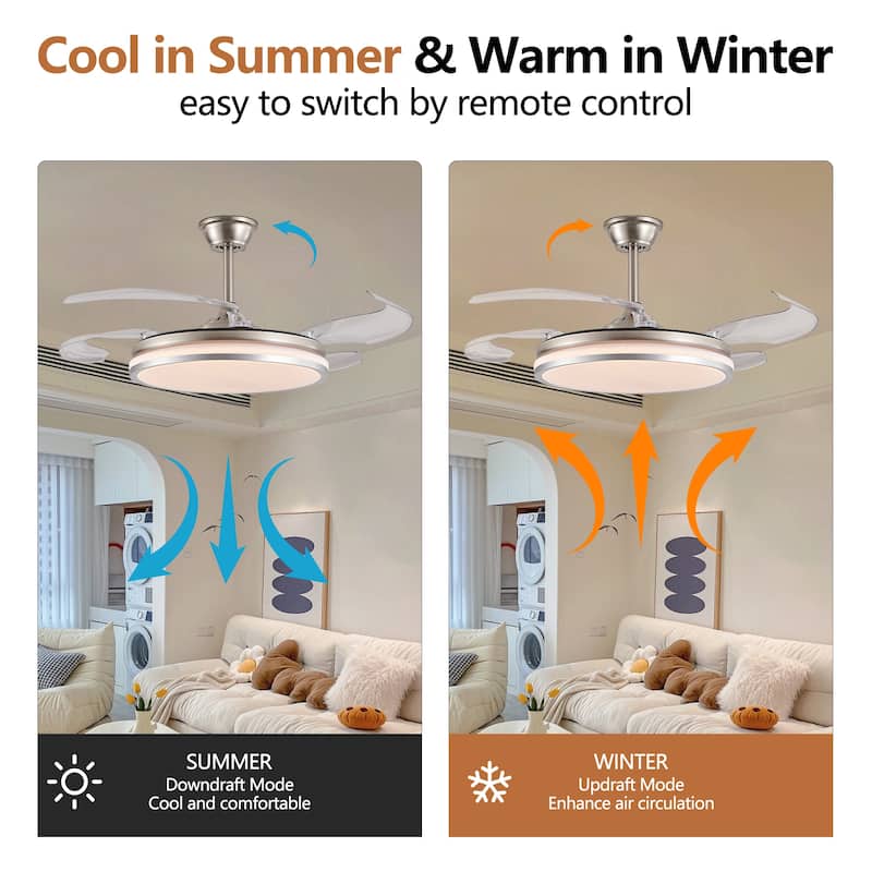 42 Inch 2 Tiers Design Modern LED Ceiling Fan with Light and Remote Control, Retractable Blades, Adjustable 6 Speed - Chrome