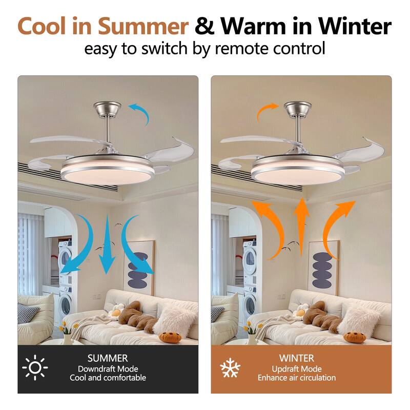 Retractable Ceiling Fan with Light and Remote Control, 6 Speeds DC Motor Ceiling Fan for Living Room Bedroom - 42 Inch