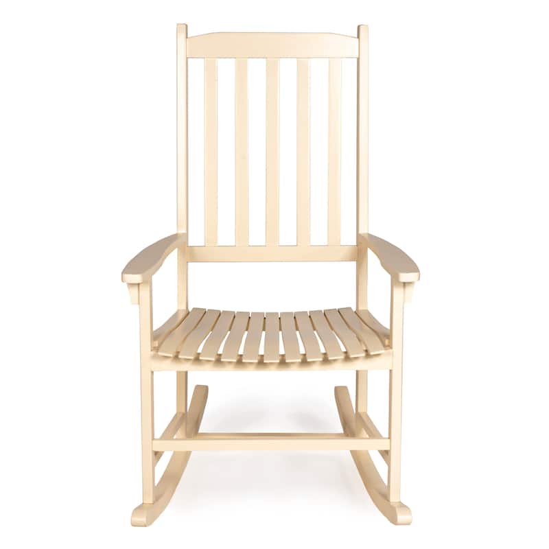 Parker Farmhouse Classic Slat-Back 350-LBS Support Acacia Wood Outdoor Rocking Chair, by JONATHAN Y - Almond