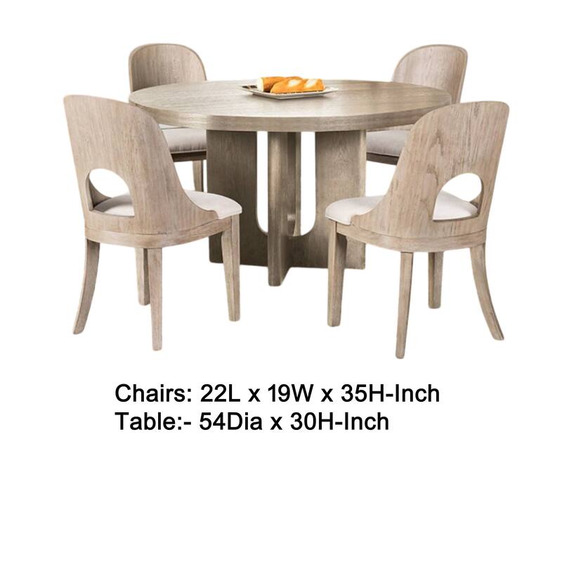 Zoko 5pc Round Dining Table Set, Polyester Chairs, White, Solid Wood