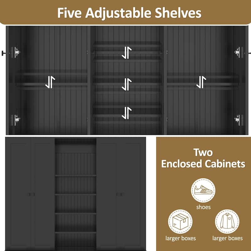 Large Wood Hall Tree with Bench, Modern 4 Door Entrance Storage Cabinet w/ 5 Drawers, Adjustable Shelves for Living Room