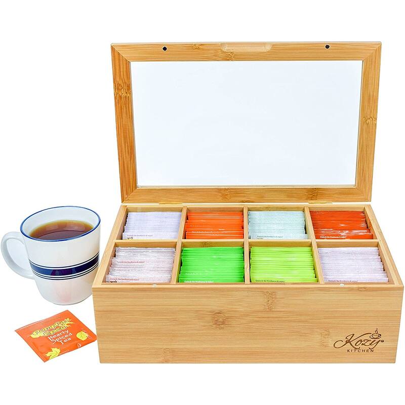 Tea Box Storage Organizer| Large 8-Storage Compartments and Clear Shatterproof Hinged Lid Tea Chest| Tea Bag Organizer