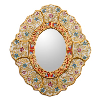NOVICA Floral White, Reverse-painted glass wall mirror