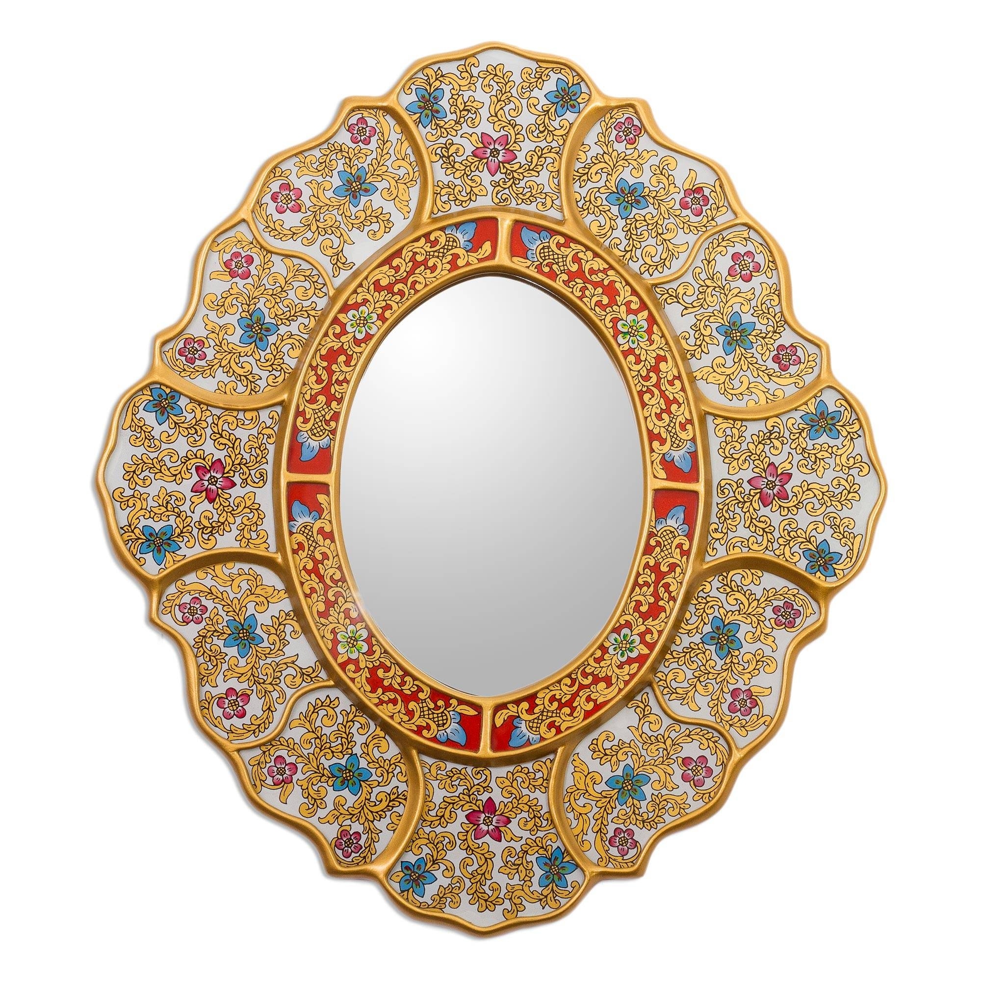 NOVICA Floral White, Reverse-painted glass wall mirror