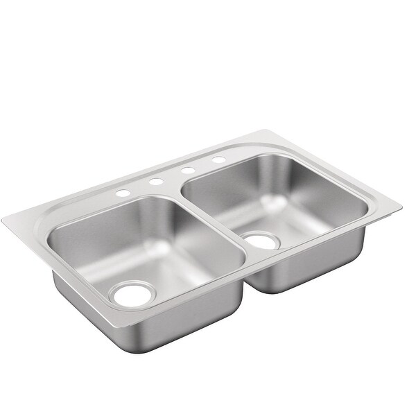 Moen G222154B 2200 Series 33" Drop In Double Basin Stainless Steel Kitchen Sink with 4 Faucet Holes and Rear Drains