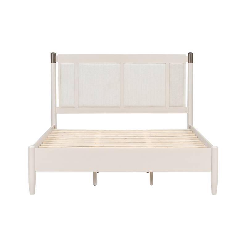 Modern Solid Wood Bed Frame Platform Bed with Central Textured Fabric Upholstered Headboard/Metal Handles/No Box Spring Needed