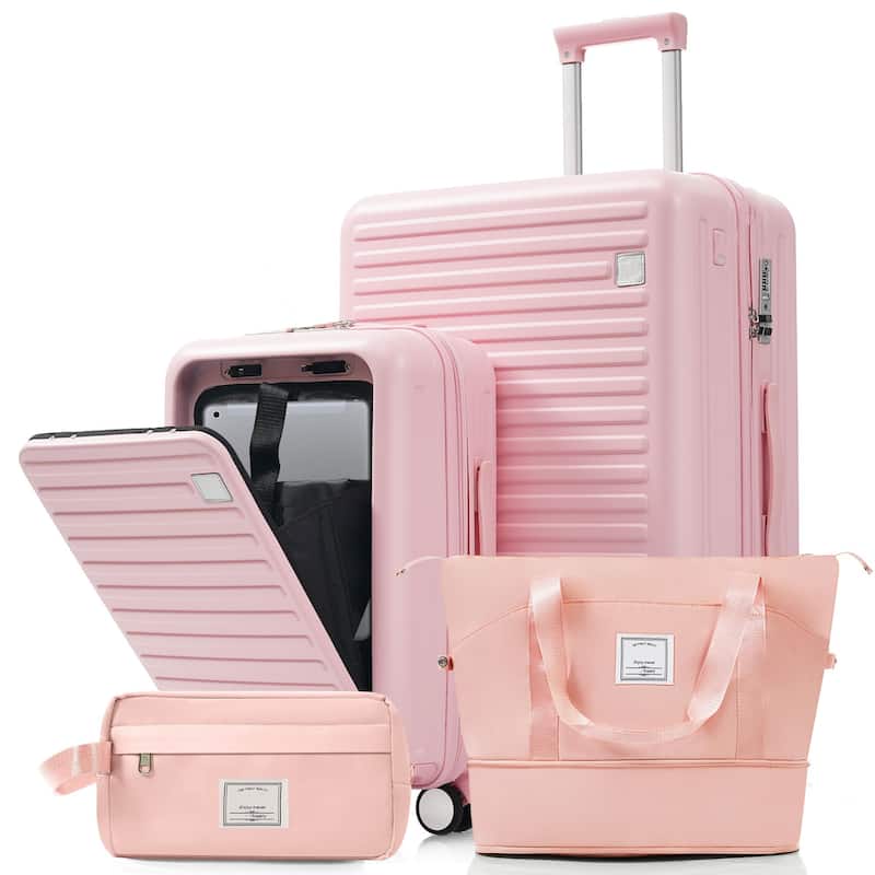 4-Piece Luggage Set with USB Charging Ports - Pink