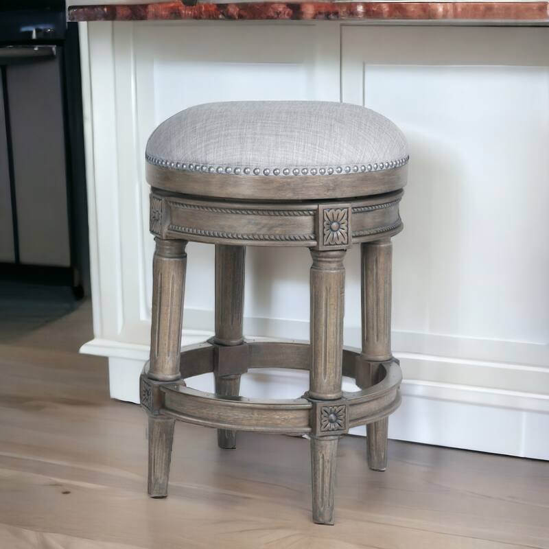 Linen Round Wood Swivel Stool with Nail Head Trim, Backless and Footrest