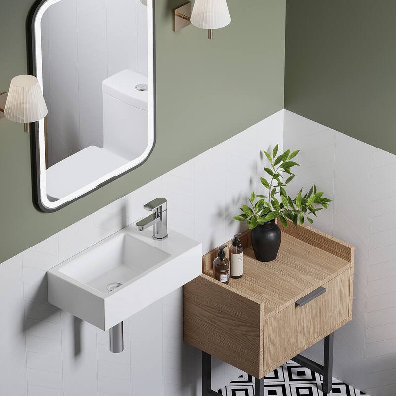 HOROW White Ceramic Right Hand Wall-Mounted Rectangular Vessel Sink in Porcelain - N/A