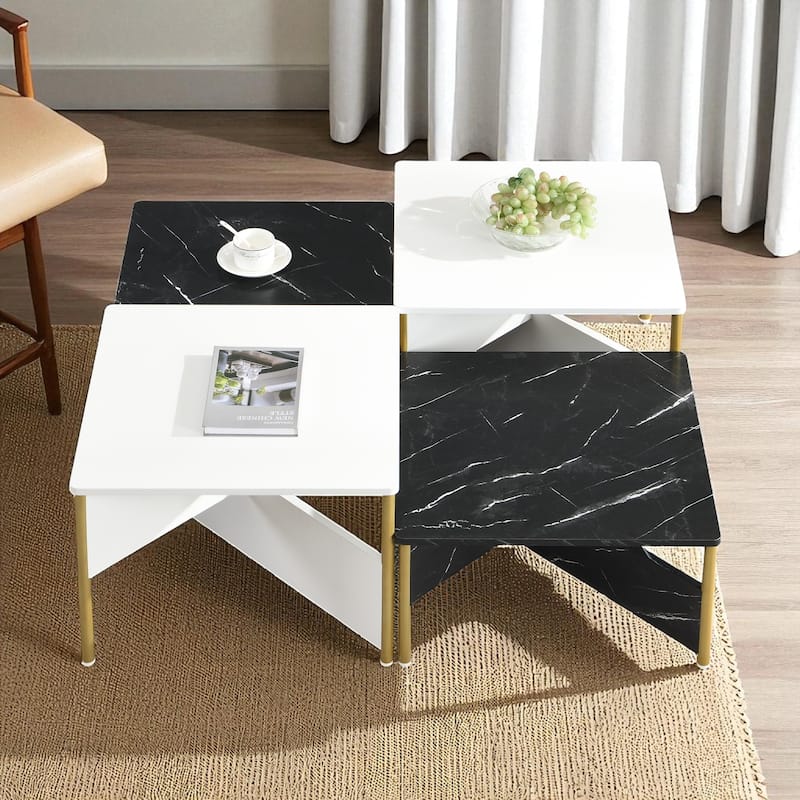 Modern Nesting Coffee Table Set of 4, Square Accent Tables with Adjustable Shape, Marble Finish & Metal Legs