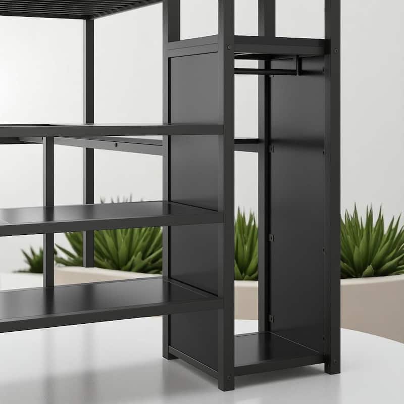 Full Size Loft Bed with Desk, Storage Stairs, Clothes Rack Wardrobe and Color LED Lights, Metal Frame