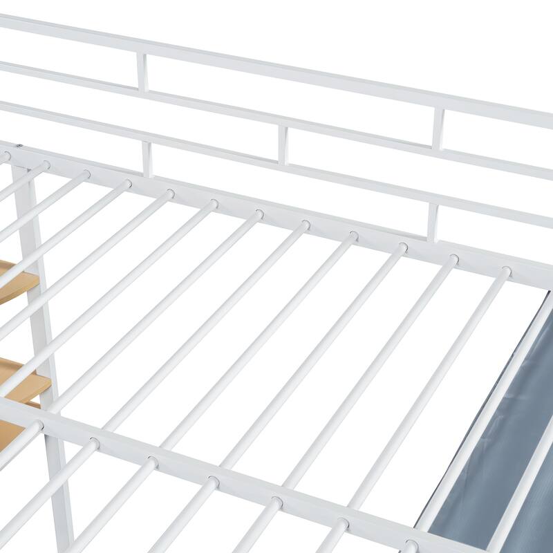 Twin/Full Size Metal Loft Bed Frame with Built In Desk, Power Outlet, Led Light and Wardrobe