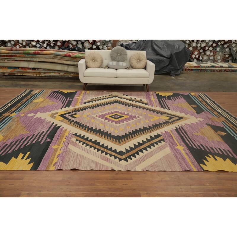 Hand Woven Oriental 100% Wool Carpet Southwestern Medallion Purples Kilim Area Rug - 12' 9'' X 10' 0''