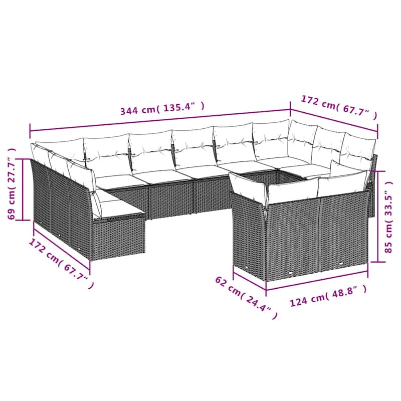 vidaXL Patio Sofa Set with Cushions Outdoor Conversation Furniture Poly Rattan - 21.7" x 24.4" x 27.2"