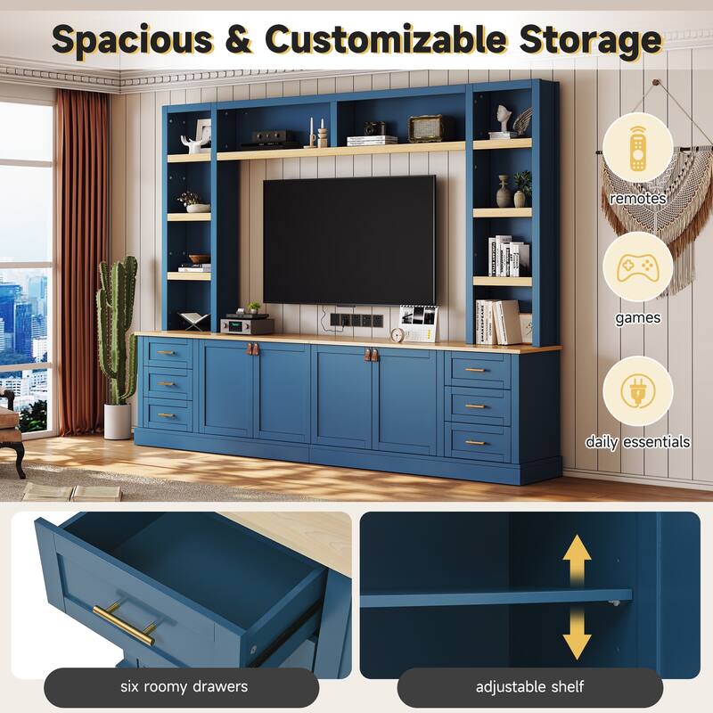 102.3" Farmhouse TV Stand with 6 Drawers & Adjustable Shelves - Entertainment Center for 75" TVs with Bookshelves