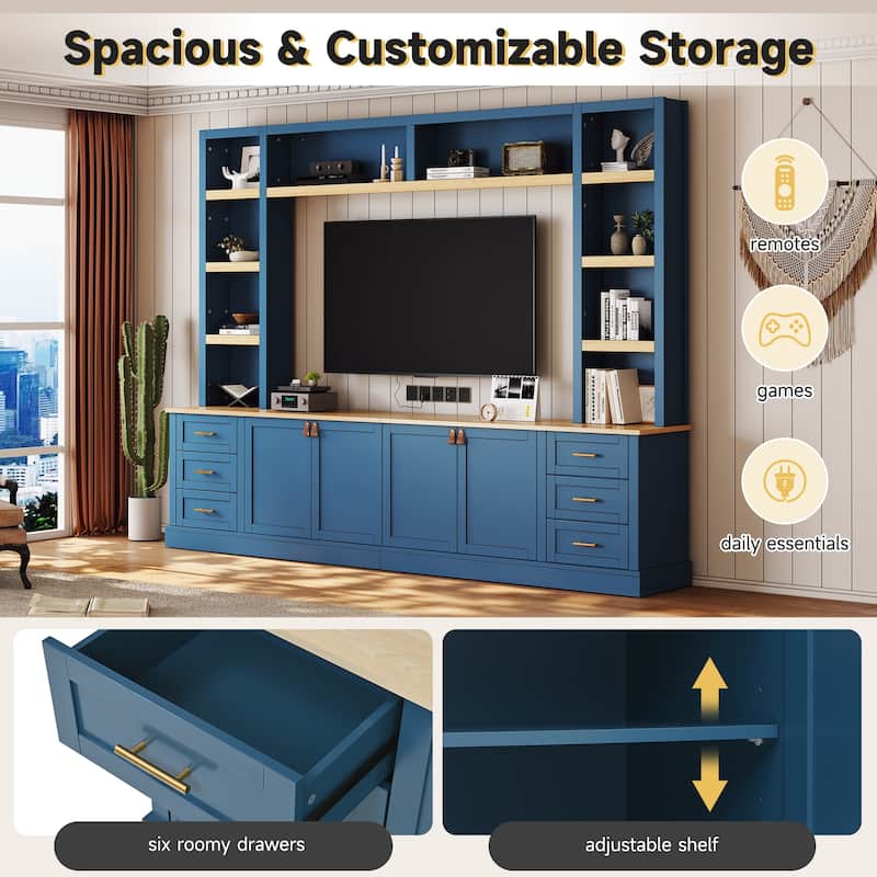 Entertainment Center Wall Unit with Bookshelves - Navy Blue