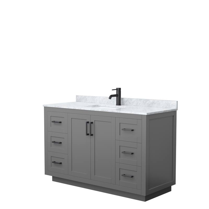 Miranda Single Vanity Set, White Carrara Marble Top, No Mirror - 54-Inch Single - Dark Gray, Black Trim, White Carrara Marble Top