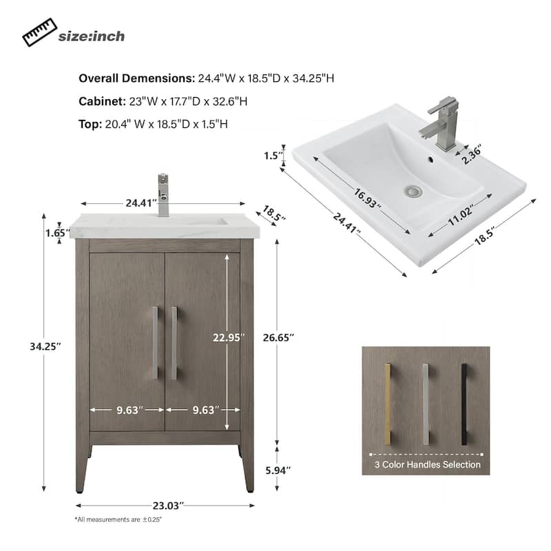 Vanity Art 20" or 24" or 30" Single Sink Bathroom Vanity Cabinet with Ceramic Top