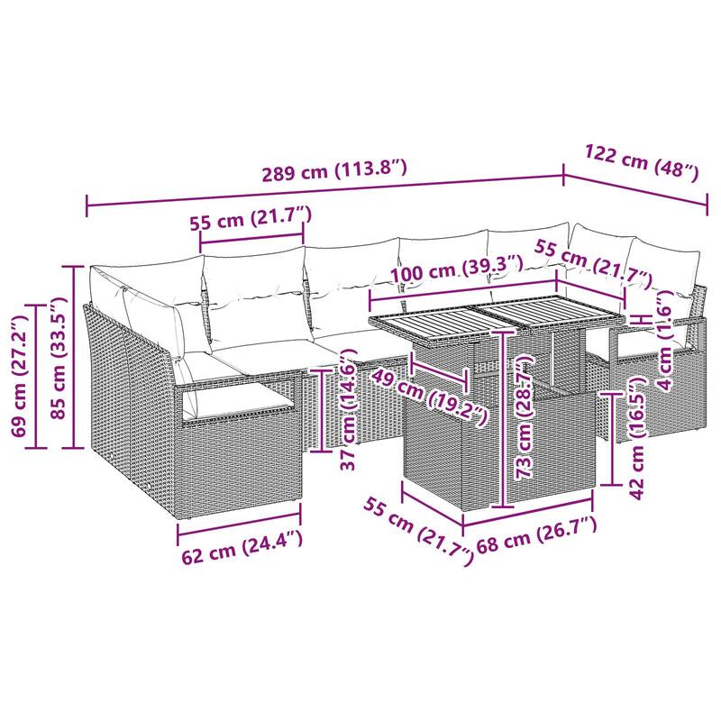 vidaXL 8 Piece Garden Sofa Set with Cushions - 113.8×48×27.2