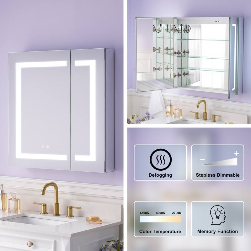 30" H Recessed or Surface LED Mirror Cabinet with Adjustable Glass Shelves,Defogger, Dimmer And Outlets & USB Ports