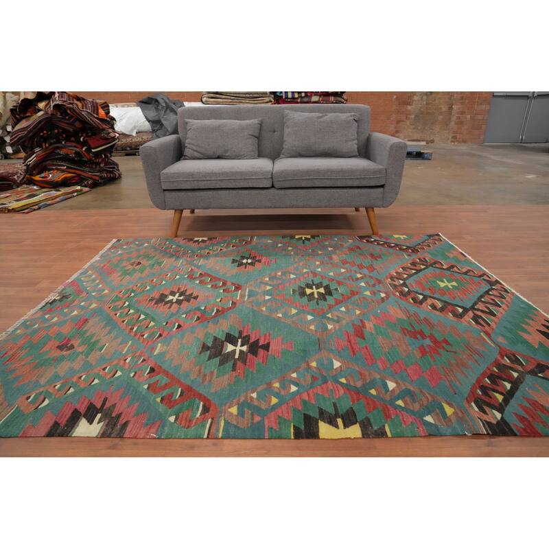 Hand Woven Oriental 100% Wool Carpet Southwestern Tribal Navy Blue & Blues Kilim Area Rug - 7' 3'' X 5' 7''
