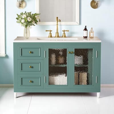 Modern 36 Inch Floating Bathroom Vanity with Ceramic Basin, 3 Drawers, Translucent Glass Fronts and Wall Mount Design