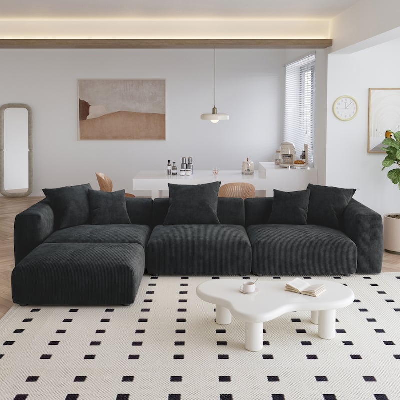 L Shaped Modern Sectional Couch Sofa with 5 Pillows and Chaise Ottoman, Cushion Covers Removable - Black