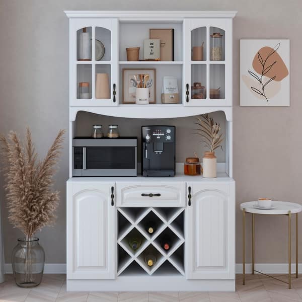 Galiano 73'' Pantry Kitchen Microwave Storage Cabinet Buffet with Hutch Wine Rack and Bottle Holder - White
