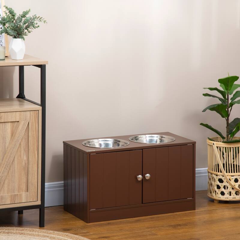 PawHut Large Elevated Dog Bowls with Storage Cabinet Containing Large 44L Capacity, Raised Dog Bowl Stand Pet Food Bowl - Brown