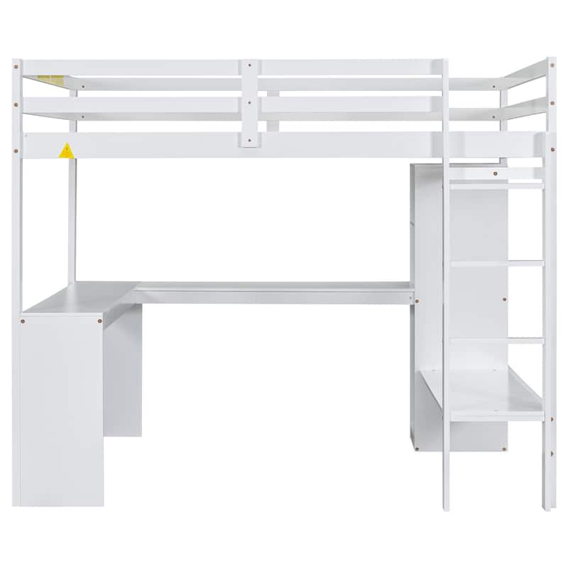 Solid Wood Loft Bed with L-shaped Desk and Storage Shelves