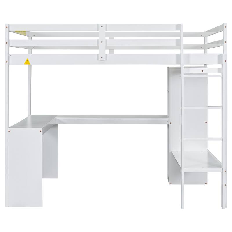 Twin Size Loft Bed with L-Shaped Desk, Wardrobe, Storage Shelves & Full-Length Guardrails, No Box Spring Needed