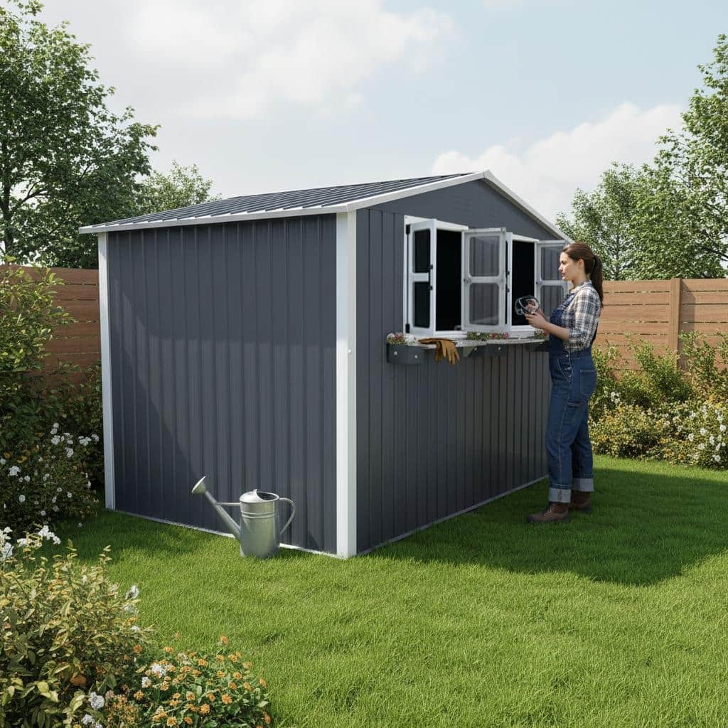 6x9 FT Outdoor Metal Storage Shed with Window & Flower Rack,Lockable Double Doors Tool Shed,Waterproof Weatherproof Garden Shed