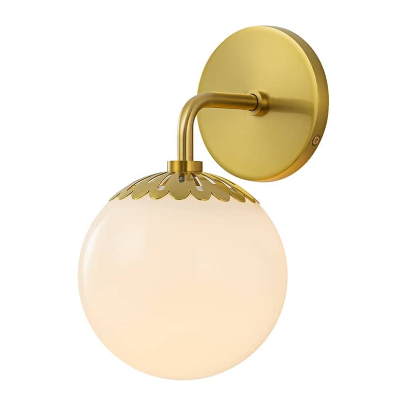 1-Light Aged Brass Milky Glass Globe Wall Sconce - Dimmable