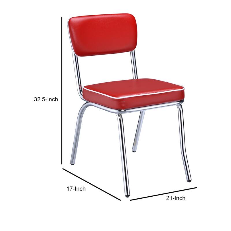 Dining Side Chair Set of 2, Retro Red Faux Leather, Chrome Metal Legs