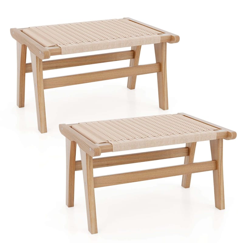 1/2 PCS Teak Wood Ottoman Footstool w/ Braided Rope for Room & Office - 2 PCS
