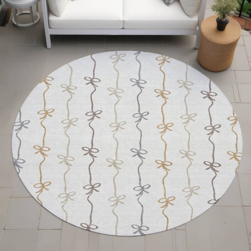 Machine Washable Indoor/ Outdoor Modern Bow Stripe Chantille Rug - Ivory - 8' x 8'