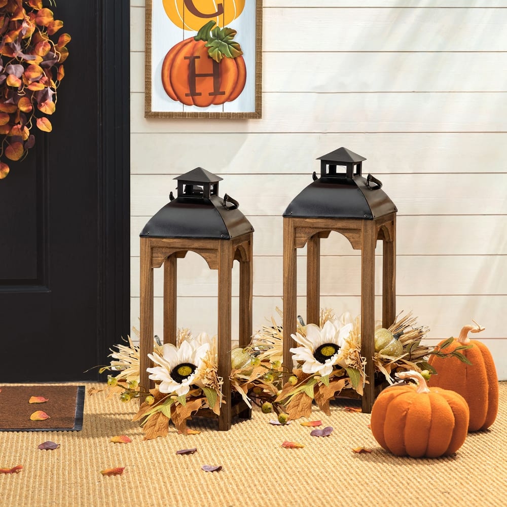 Glitzhome Set of 2 Farmhouse Church Style Hanging Candle Holders Wooden Lanterns Thanksgiving Wedding Decor