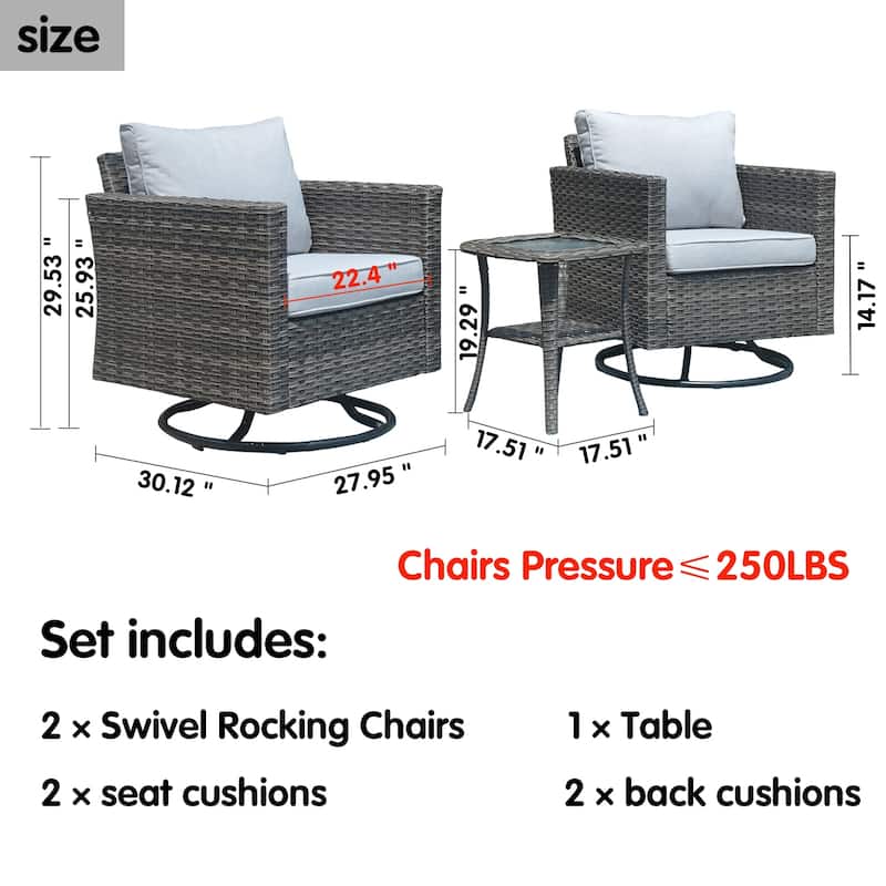 OVIOS 3-piece Patio Wicker Swivel Rocking Chairs Set