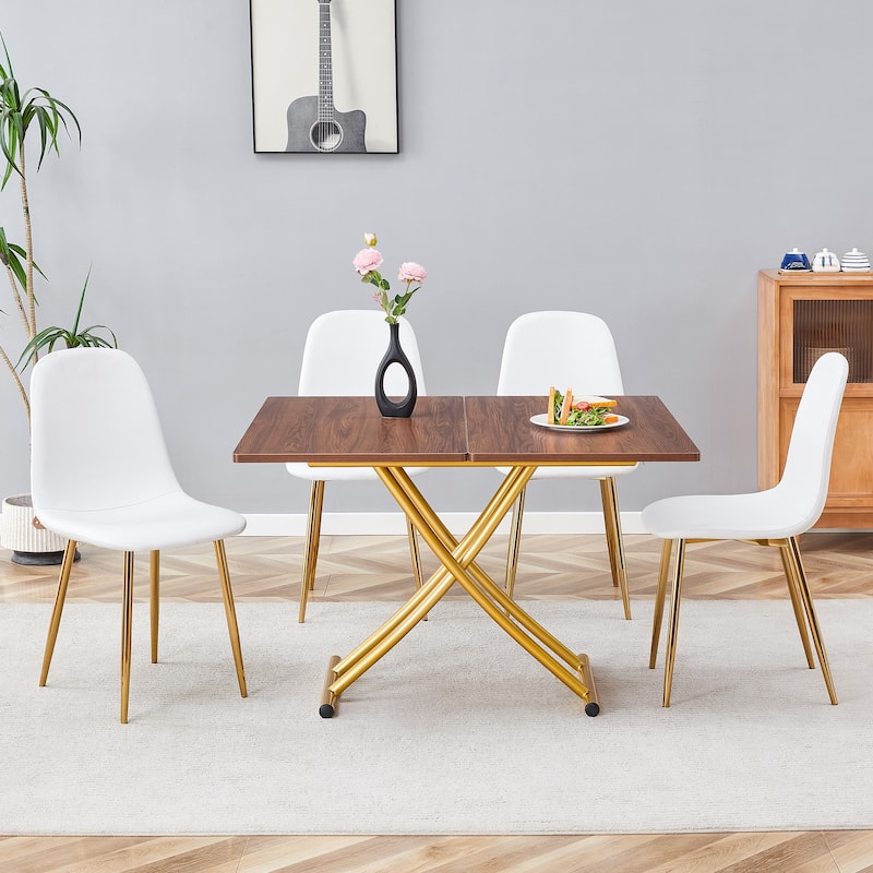 Modern multifunctional lifting platform, wood textured sticker MDF desktop, metal legs. with 4 dining chairs