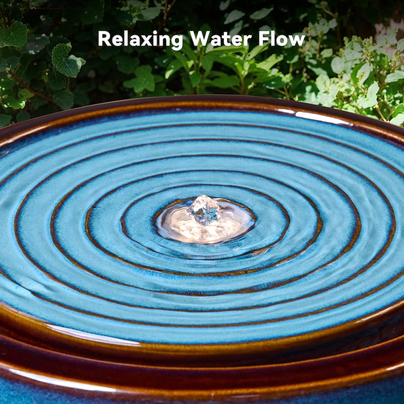 Round Blue Ceramic Water Floor Fountain with LED Light and Pump