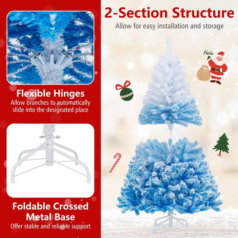 Gymax 5/6/7/8 FT Artificial Christmas Tree Hinged Snow Flocked Xmas - Blue, White